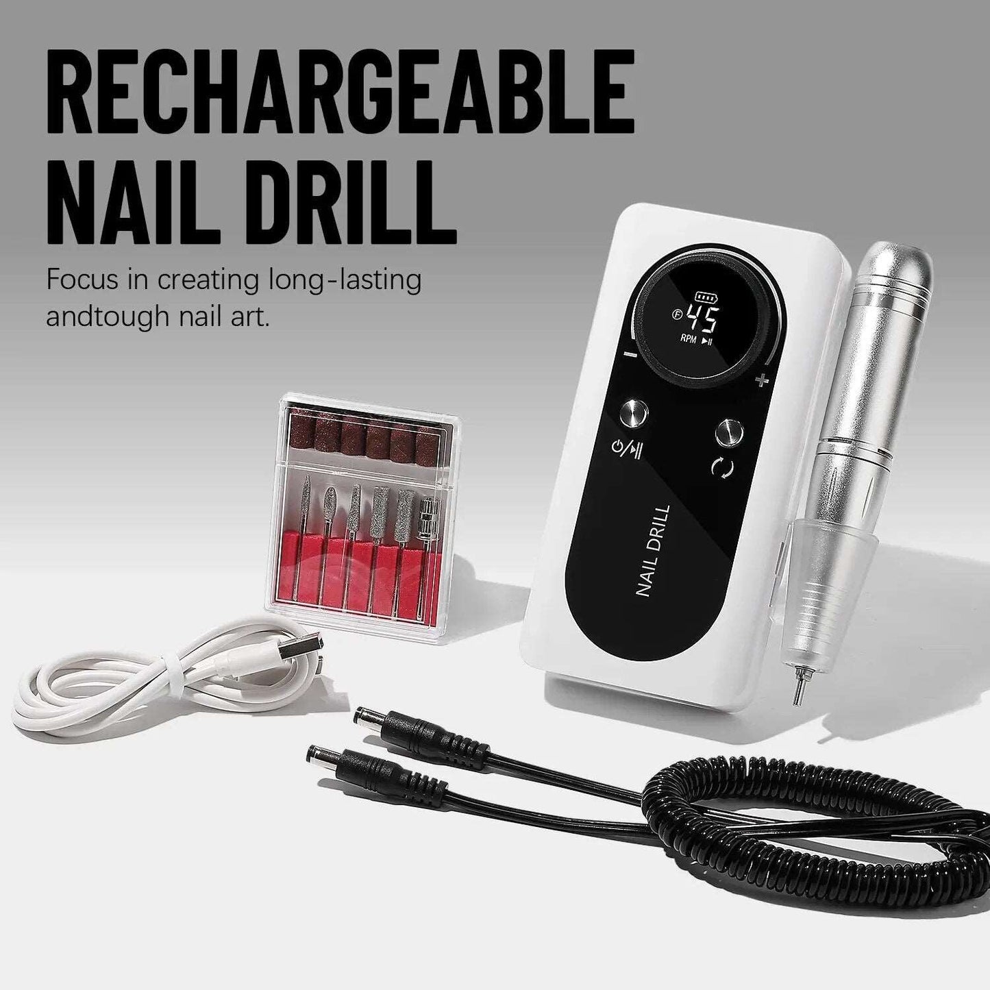 45000RPM Nail Drill Machine Electric Portable Nail File Rechargeable Nail Sander for Gel Nails Polishing for Home Manicure Salon