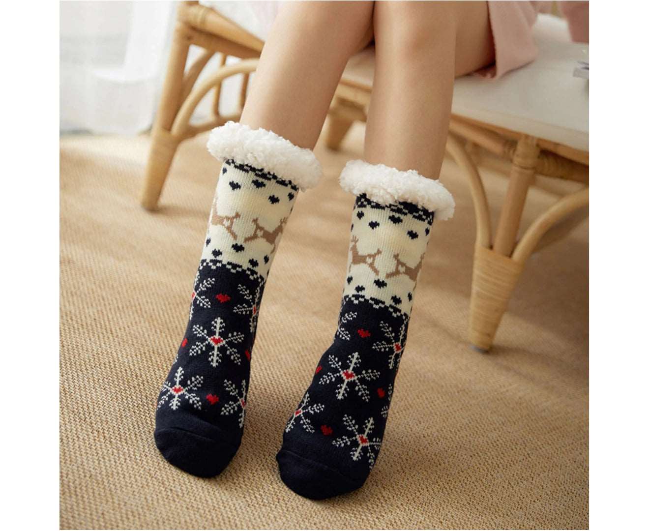 1 Pair Floor Socks Christmas Theme Stretchy Fuzzy Thickened Cold Resistant Cozy Winter Thermal Women Indoor Home Slipper Sleeping Socks for Xmas-Navy Blue - Navy Blue