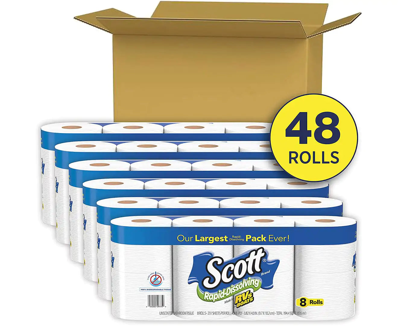 Rapid-Dissolving Toilet Paper, 48 Double Rolls (6 Packs of 8) = 96 Regular Rolls