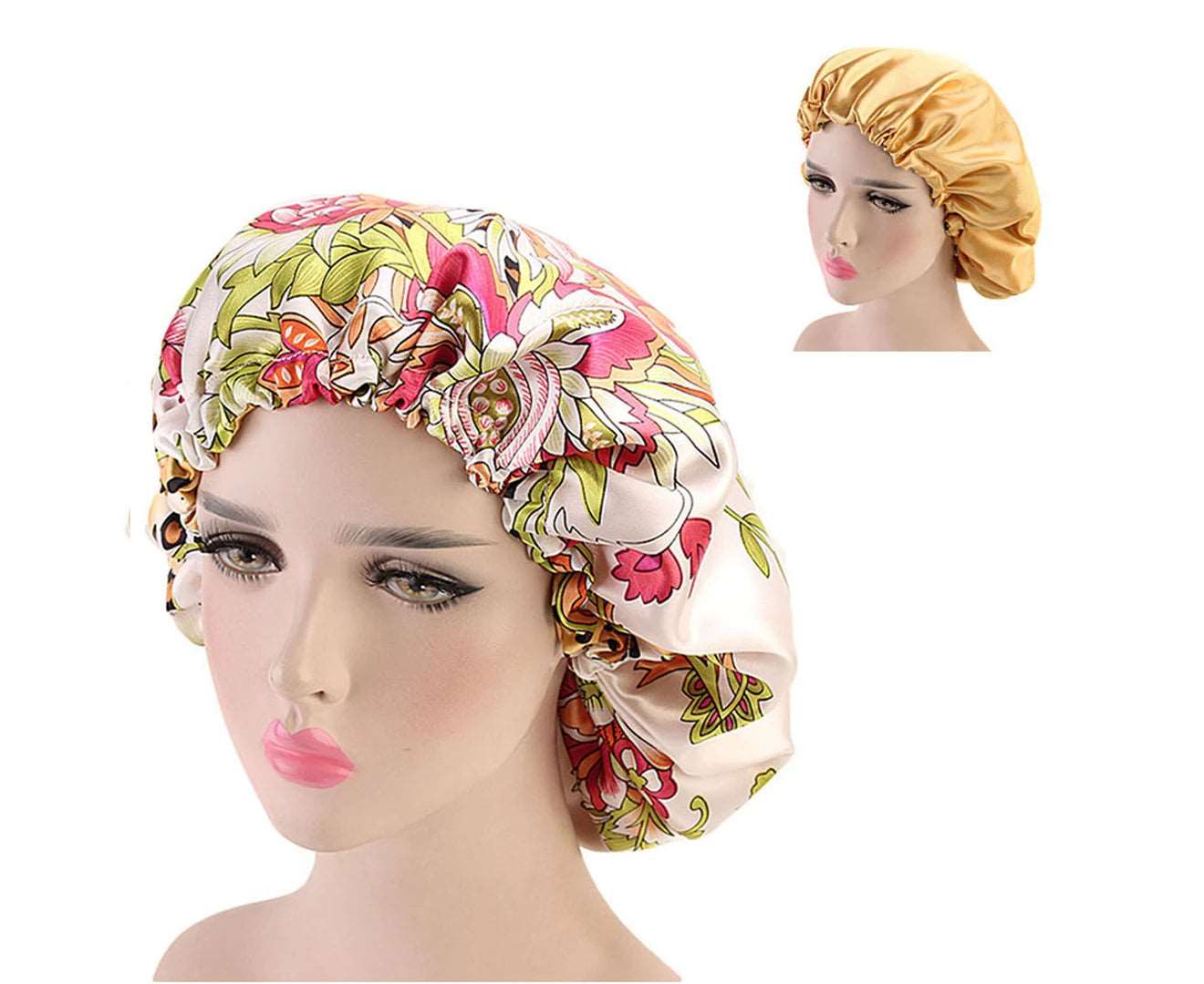 Double Sided Available Shower Cap with Elastic Clasp Polyester Sleeping Adjustable Night Sleep Cap for Woman-Cream-Coloured