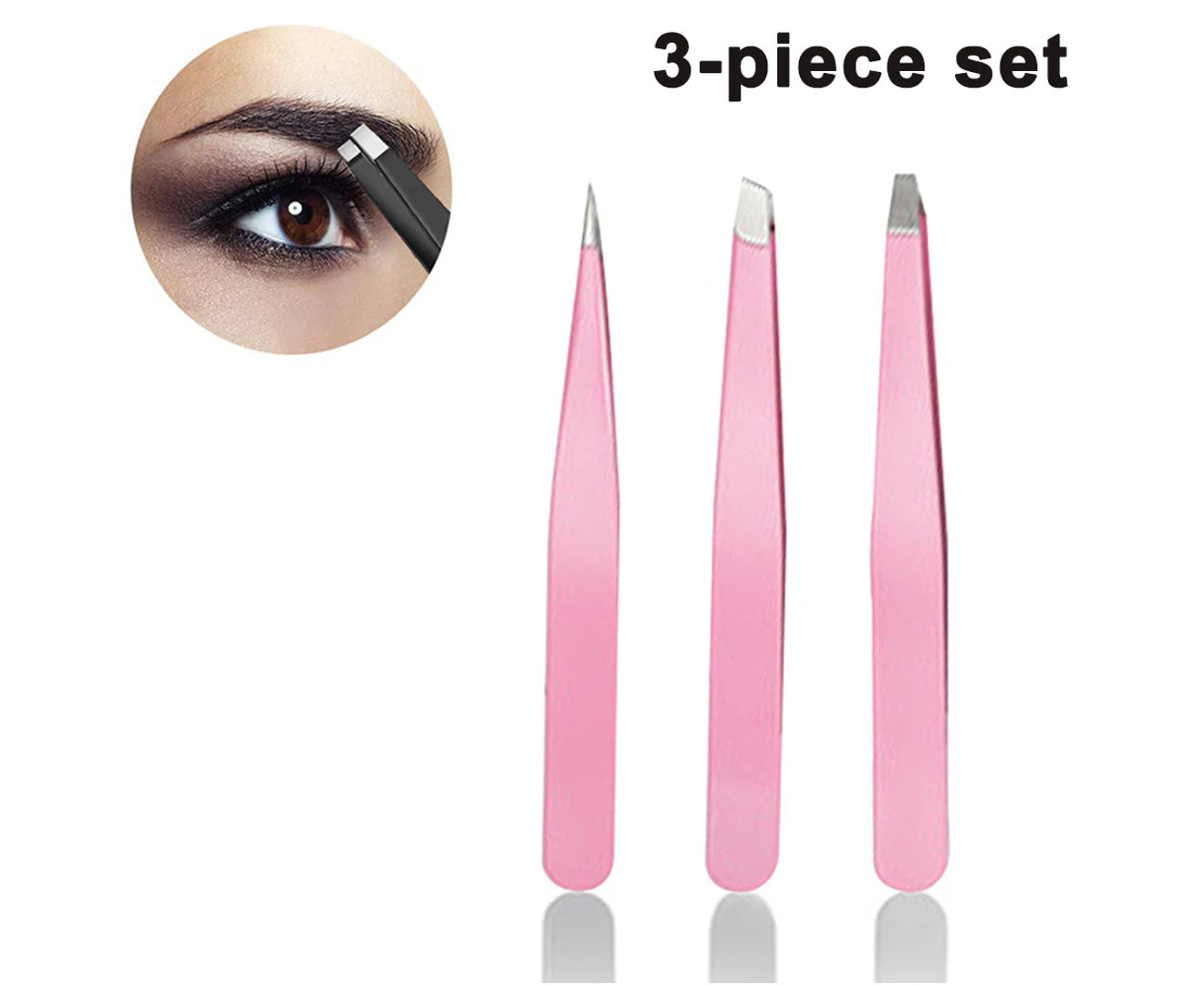 3Pcs Professional Stainless Steel Tweezers for Eyebrows (Pink)