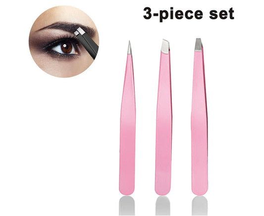 3Pcs Professional Stainless Steel Tweezers for Eyebrows (Pink)