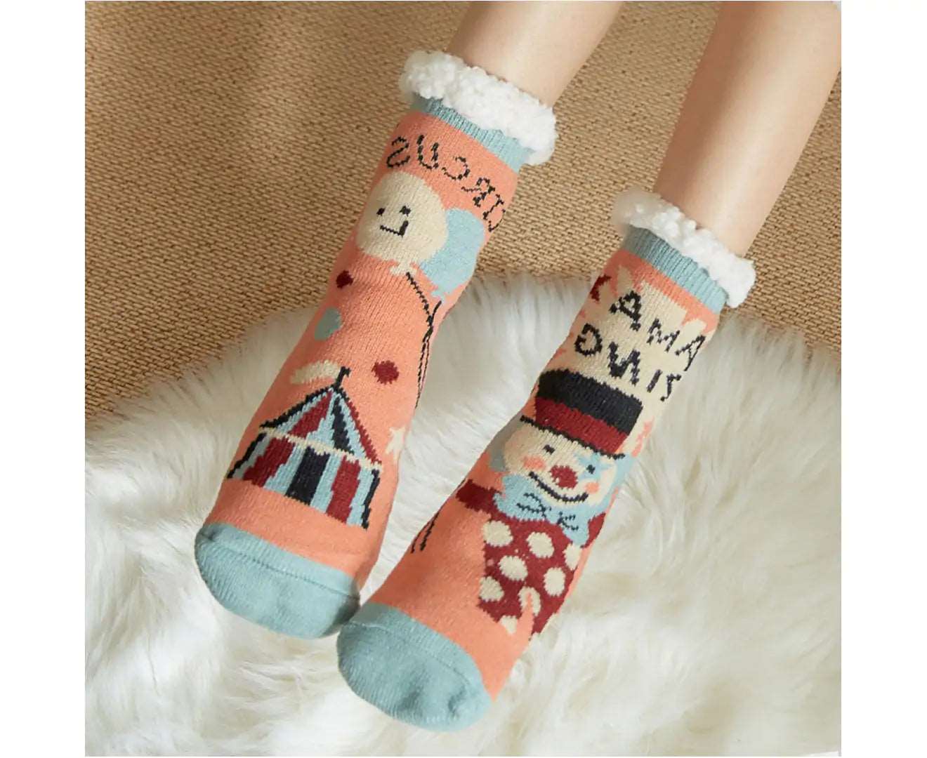 1 Pair Floor Socks Christmas Theme Stretchy Fuzzy Thickened Cold Resistant Cozy Winter Thermal Women Indoor Home Slipper Sleeping Socks for Xmas-Orange - Orange