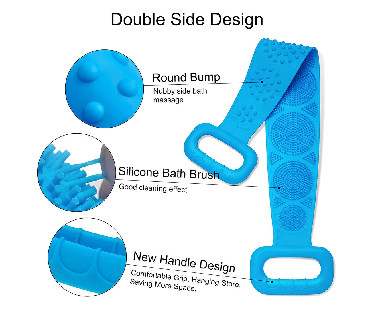 Silicone Bath Body Brush Back Scrubber Shower Towel Exfoliating Strap Long Handle Scrubbing Belt Blue