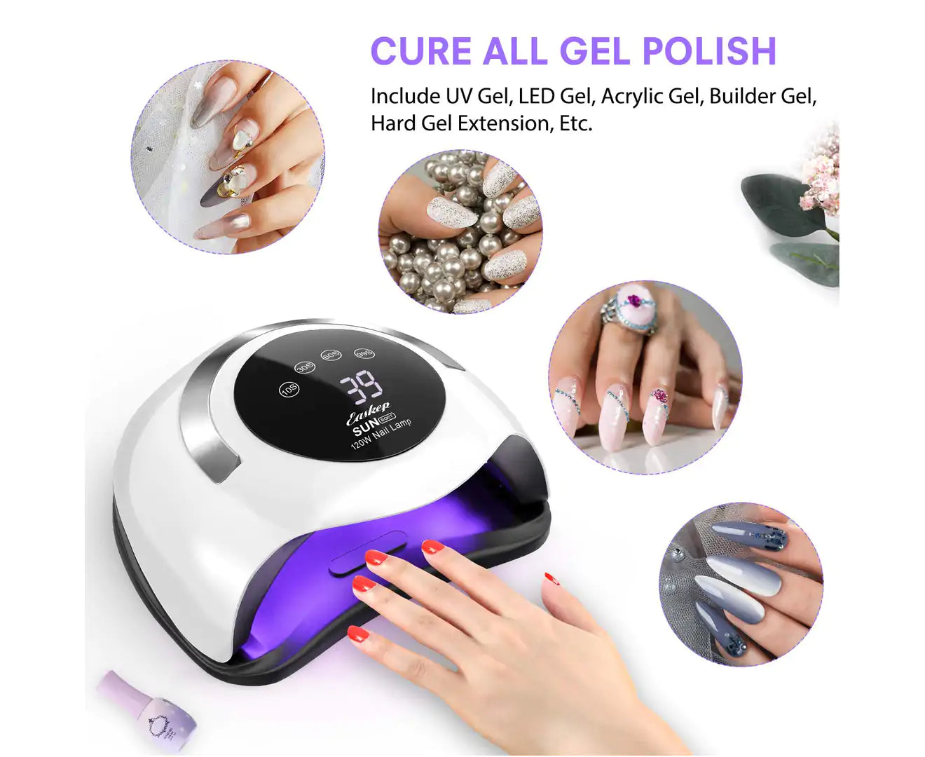 UV LED Nail Lamp 120W Gel Nail Polish UV Light for Nail Dryer Curing Lamp Faster 4 Timer Setting Professional Portable Handle for Fingernail And