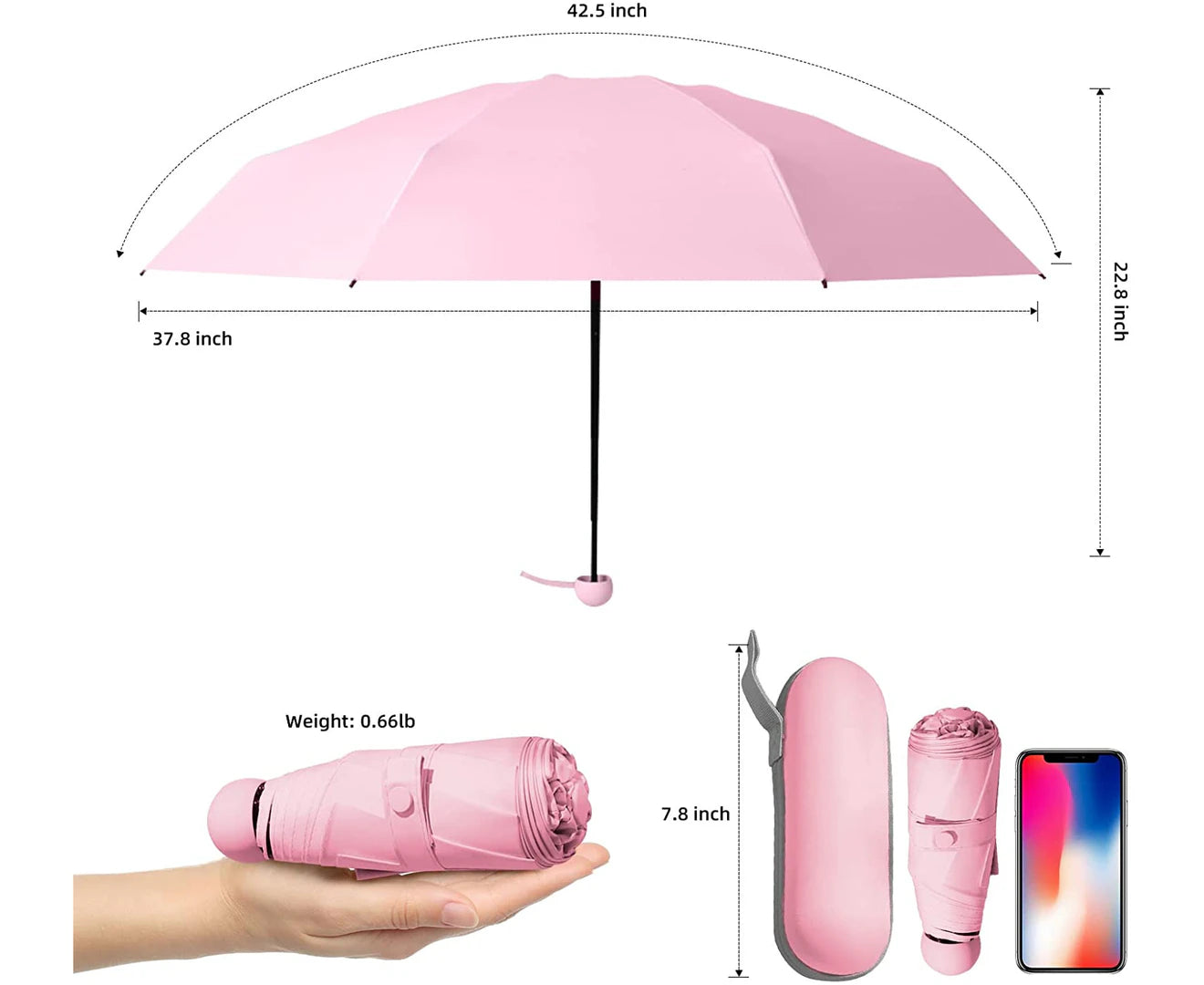 Mini Umbrella Folding Compact Umbrella with Case Lightweight Portable Umbrella Small Sun & Rain Umbrella,Pink