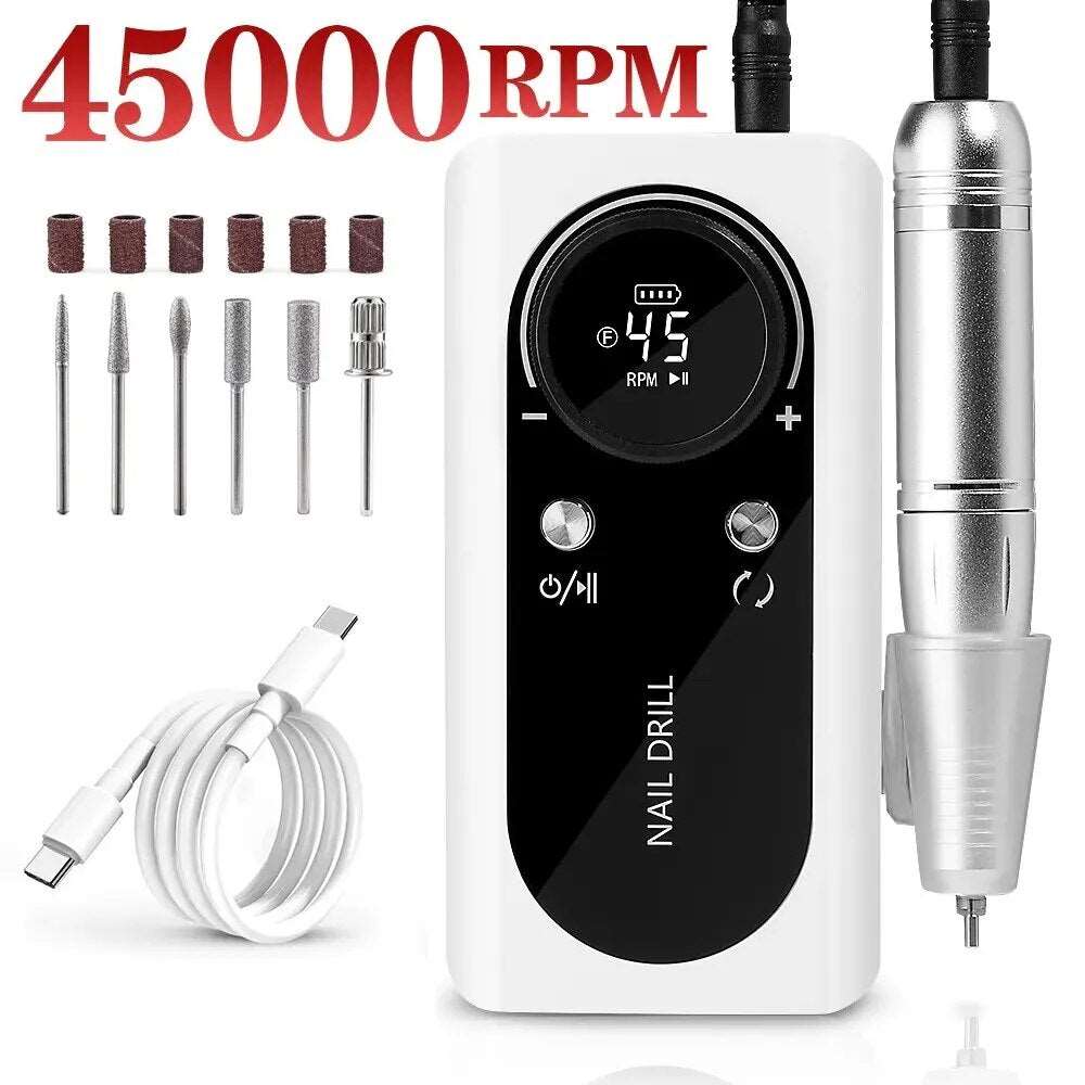 45000RPM Nail Drill Machine Electric Portable Nail File Rechargeable Nail Sander for Gel Nails Polishing for Home Manicure Salon