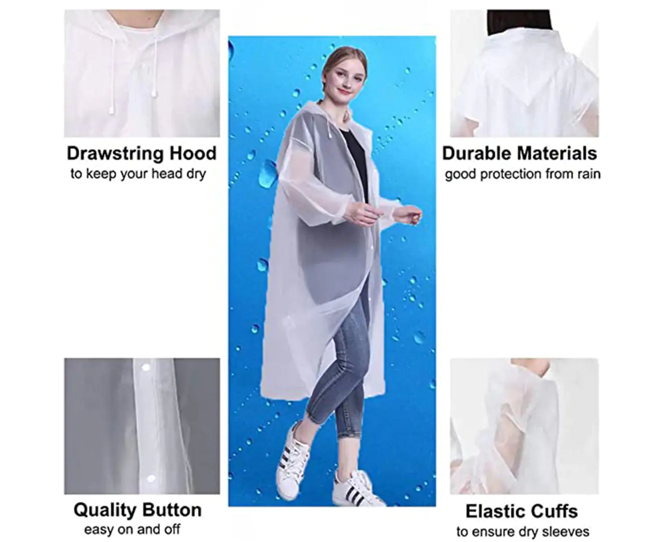 Raincoats for Adults, EVA Reusable Rain Ponchos , No Smell&Environmentally Friendly&Light Weight, Portable Rain Coat Perfect for Outdoor Activities, - White