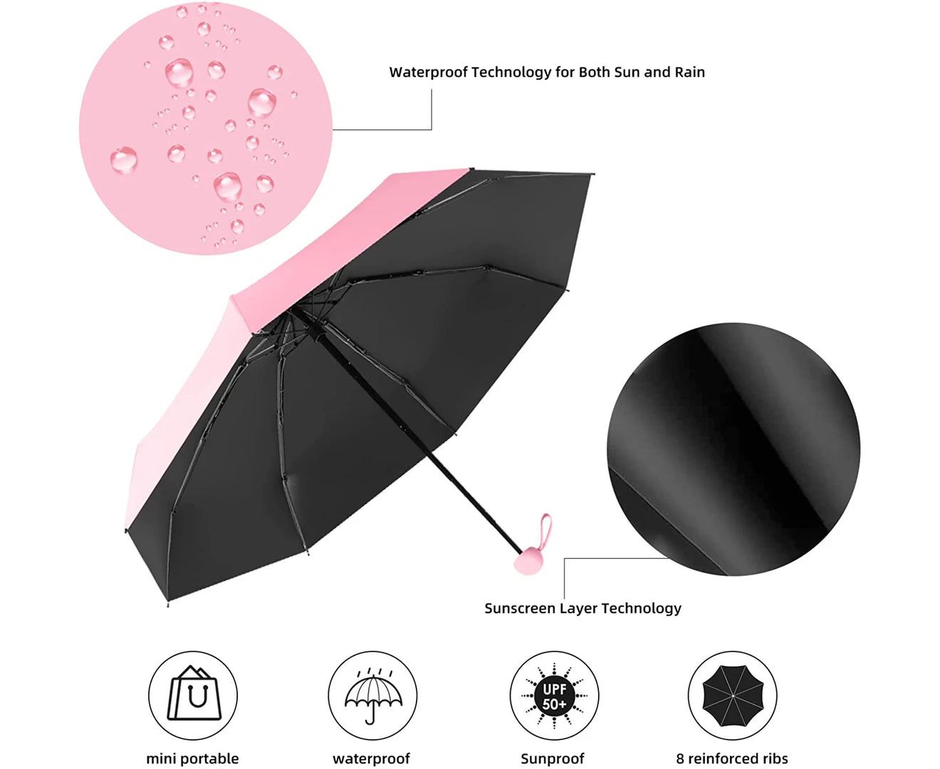 Mini Umbrella Folding Compact Umbrella with Case Lightweight Portable Umbrella Small Sun & Rain Umbrella,Pink