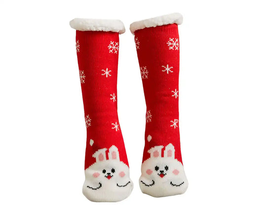 1 Pair Floor Socks Christmas Theme Stretchy Fuzzy Thickened Cold Resistant Cozy Winter Thermal Women Indoor Home Slipper Sleeping Socks for Xmas-Red&White - Red & White