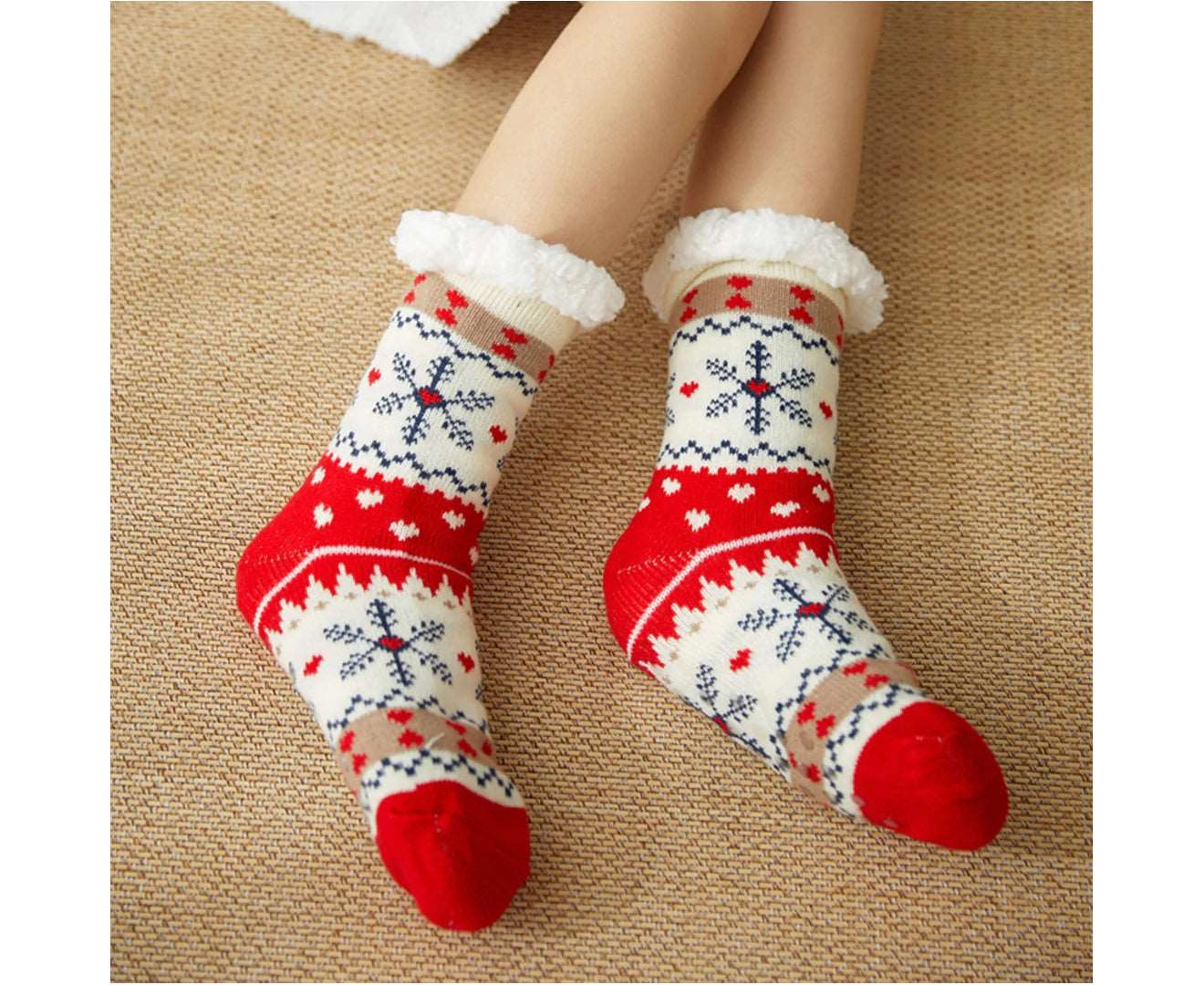 1 Pair Floor Socks Theme Stretchy Fuzzy Thickened Silicone Resistant Cozy Winter Thermal Women Indoor Home Slipper Sleeping Socks for Xmas-Red&Blue - Red & Blue