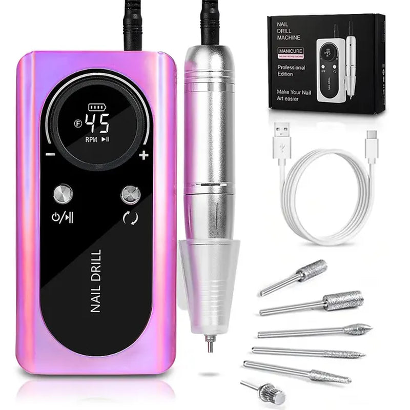 45000RPM Nail Drill Machine Electric Portable Nail File Rechargeable Nail Sander for Gel Nails Polishing for Home Manicure Salon