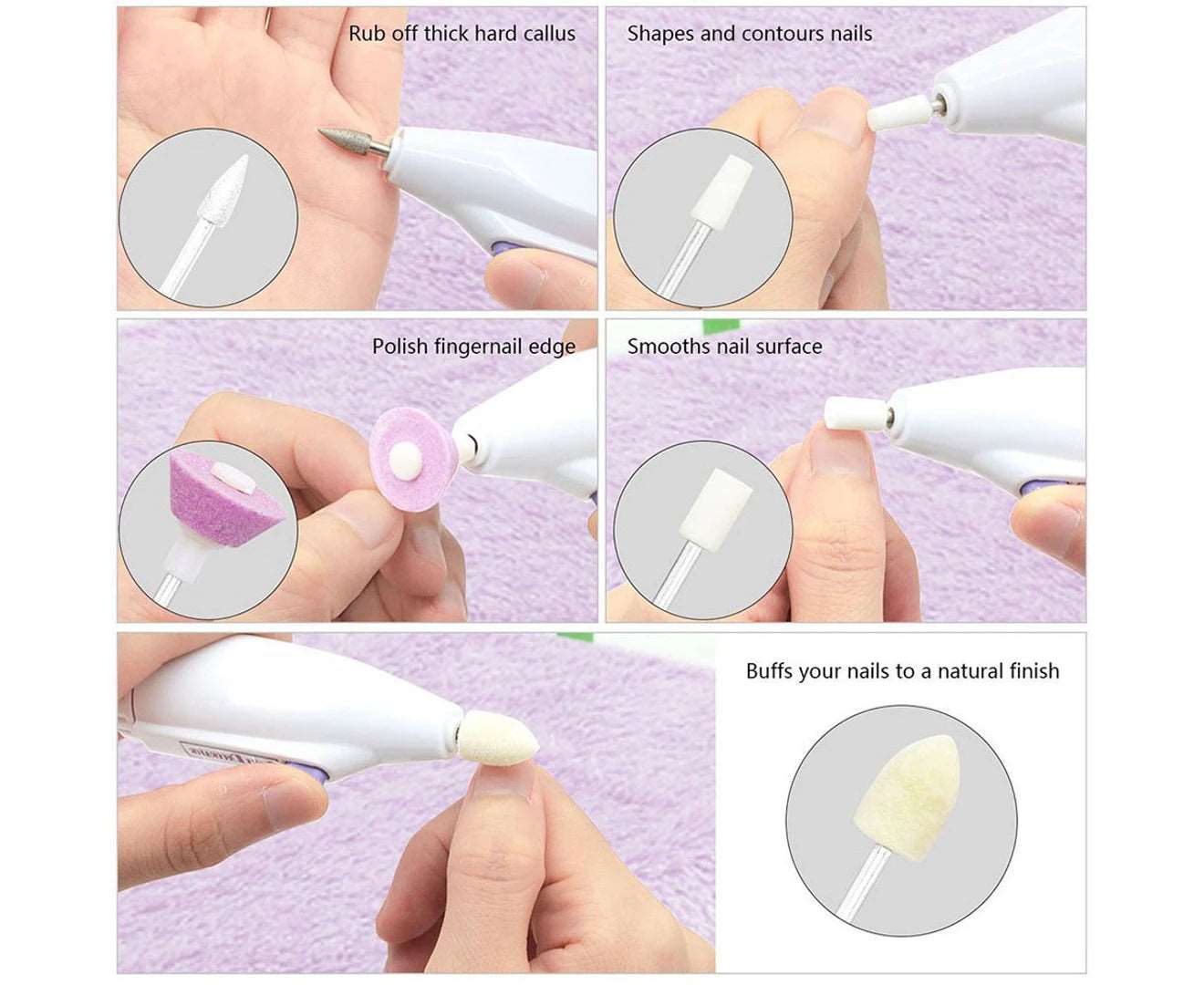 Electric Nail Drill Nails Art File Electric Manicure Set, Portable Nail Buffer Fingernail Grinder Kit Multi-Function Natural Toe Nail Polisher Grinding Bur