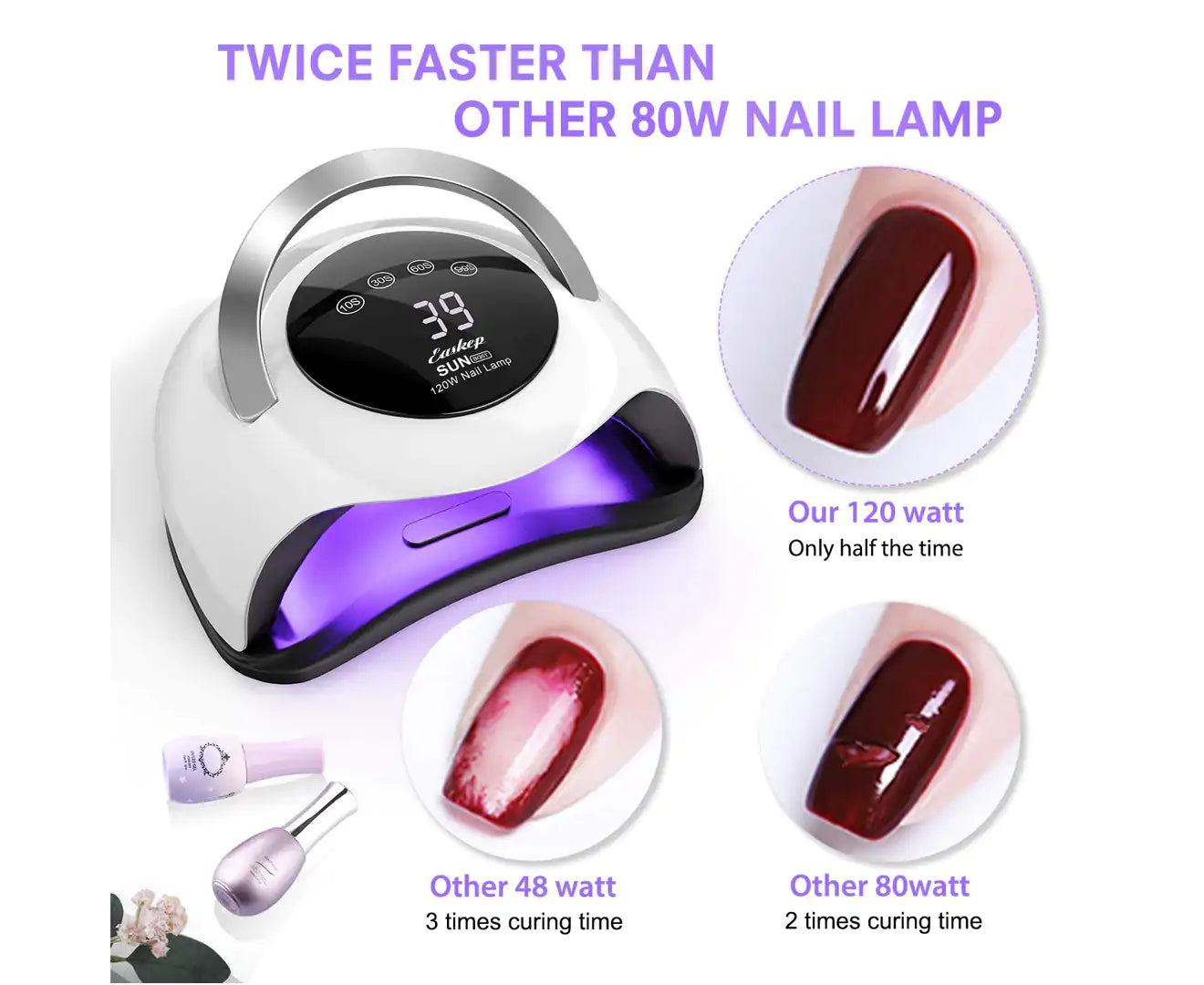 UV LED Nail Lamp 120W Gel Nail Polish UV Light for Nail Dryer Curing Lamp Faster 4 Timer Setting Professional Portable Handle for Fingernail And