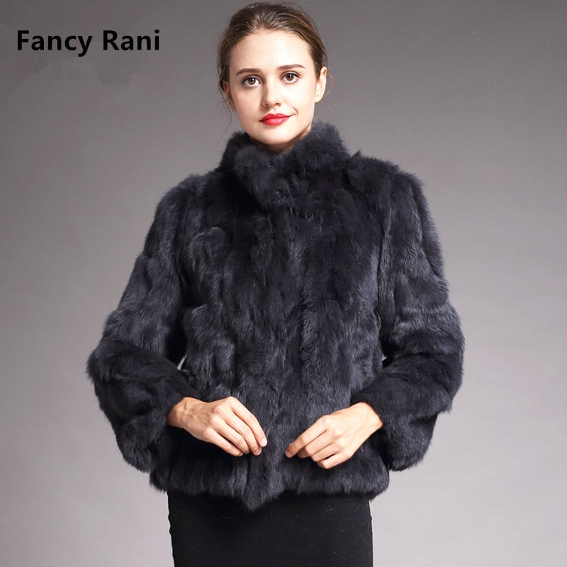 Women Genuine Rabbit Fur Coats Solid Female Stand Collar Rex Rabbit