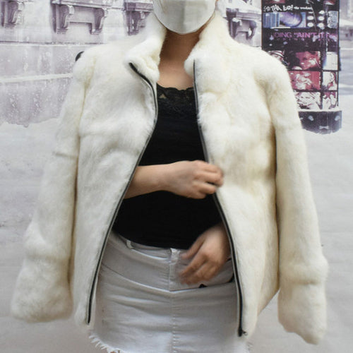 Women Genuine Rabbit Fur Coats Solid Female Stand Collar Rex Rabbit