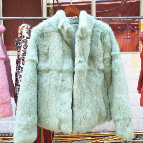 Women Genuine Rabbit Fur Coats Solid Female Stand Collar Rex Rabbit