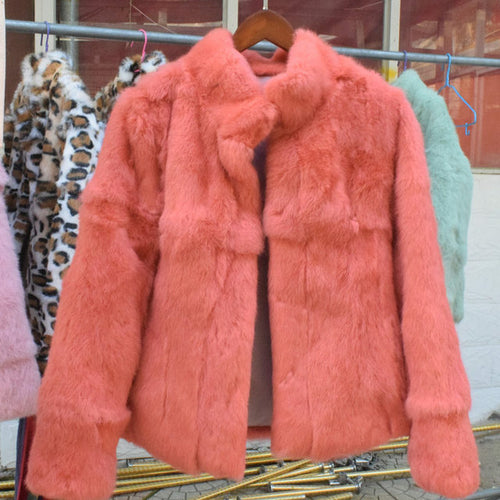 Women Genuine Rabbit Fur Coats Solid Female Stand Collar Rex Rabbit