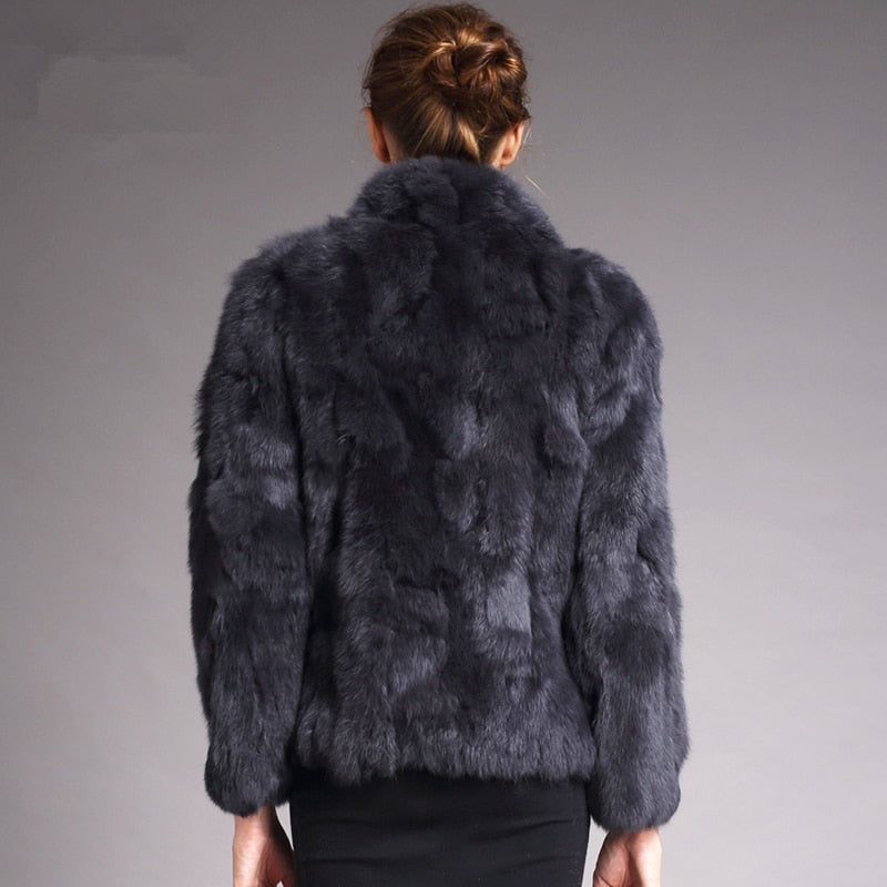 Women Genuine Rabbit Fur Coats Solid Female Stand Collar Rex Rabbit