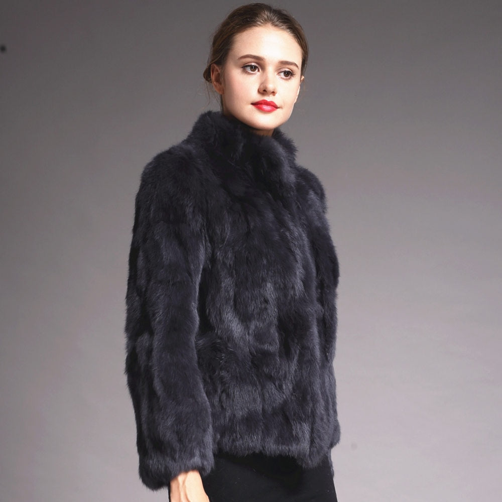 Women Genuine Rabbit Fur Coats Solid Female Stand Collar Rex Rabbit