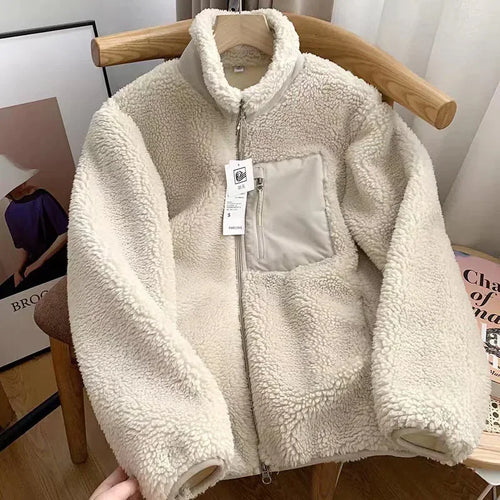 Fashion Lamb Plush Jacket Women's Autumn Winter New Pocket Zipper Long