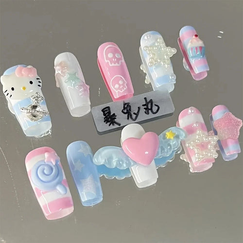 Kawaii 3D Cartoon Pure Handmade Fake Nails Hello Kitty Cinnamoroll