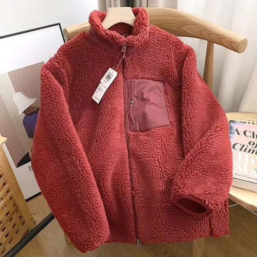 Fashion Lamb Plush Jacket Women's Autumn Winter New Pocket Zipper Long