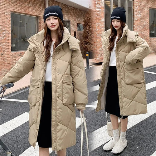 2023 New Women Winter Parkas Long Jacket Zipper Loose Puffer Parka