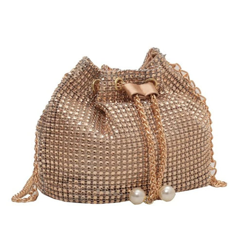 Stylish Rhinestone Bucket Bag Women Fashion Pearl Chain Crossbody Bag