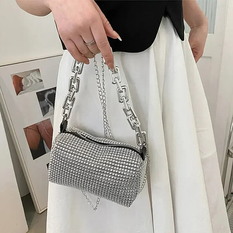 2024 Fashion Allover Rhinestone Bucket Bag Glitter Chain Prom Purse