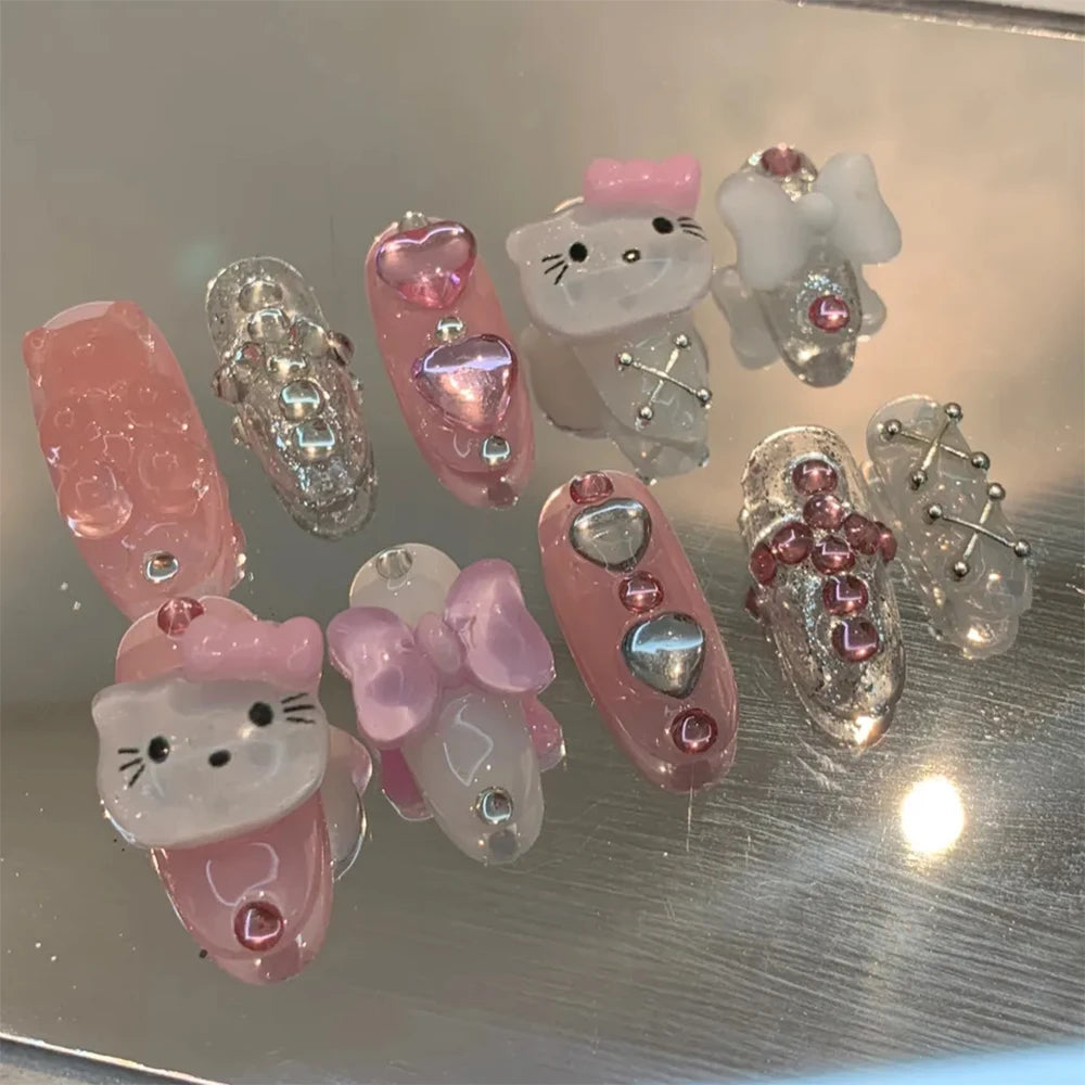 Kawaii 3D Cartoon Pure Handmade Fake Nails Hello Kitty Cinnamoroll