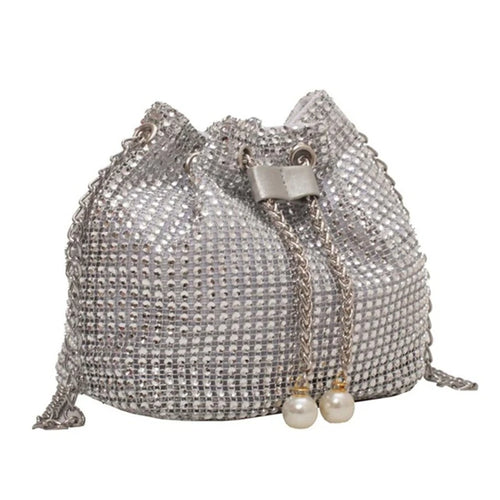 Stylish Rhinestone Bucket Bag Women Fashion Pearl Chain Crossbody Bag