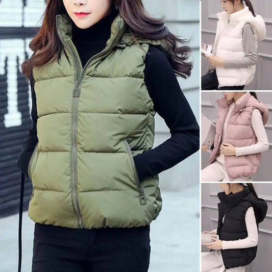 Sleeveless Stand Collar Slant Pockets Zipper Vest Overcoat Women