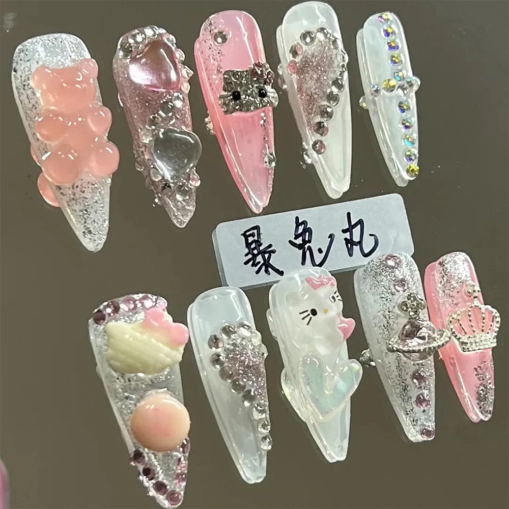 Kawaii 3D Cartoon Pure Handmade Fake Nails Hello Kitty Cinnamoroll