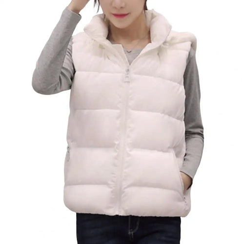 Sleeveless Stand Collar Slant Pockets Zipper Vest Overcoat Women