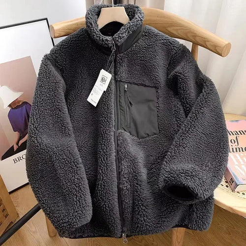 Fashion Lamb Plush Jacket Women's Autumn Winter New Pocket Zipper Long