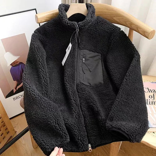 Fashion Lamb Plush Jacket Women's Autumn Winter New Pocket Zipper Long