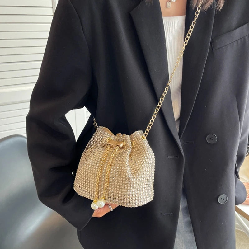 Stylish Rhinestone Bucket Bag Women Fashion Pearl Chain Crossbody Bag