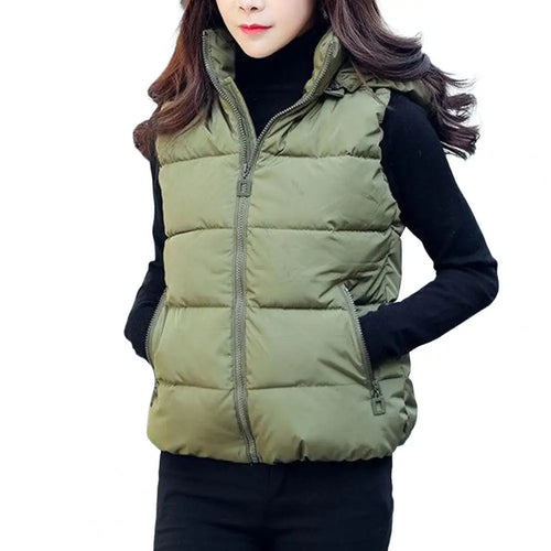 Sleeveless Stand Collar Slant Pockets Zipper Vest Overcoat Women