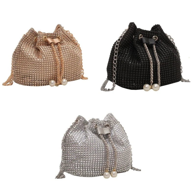 Stylish Rhinestone Bucket Bag Women Fashion Pearl Chain Crossbody Bag