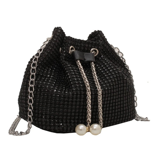 Stylish Rhinestone Bucket Bag Women Fashion Pearl Chain Crossbody Bag