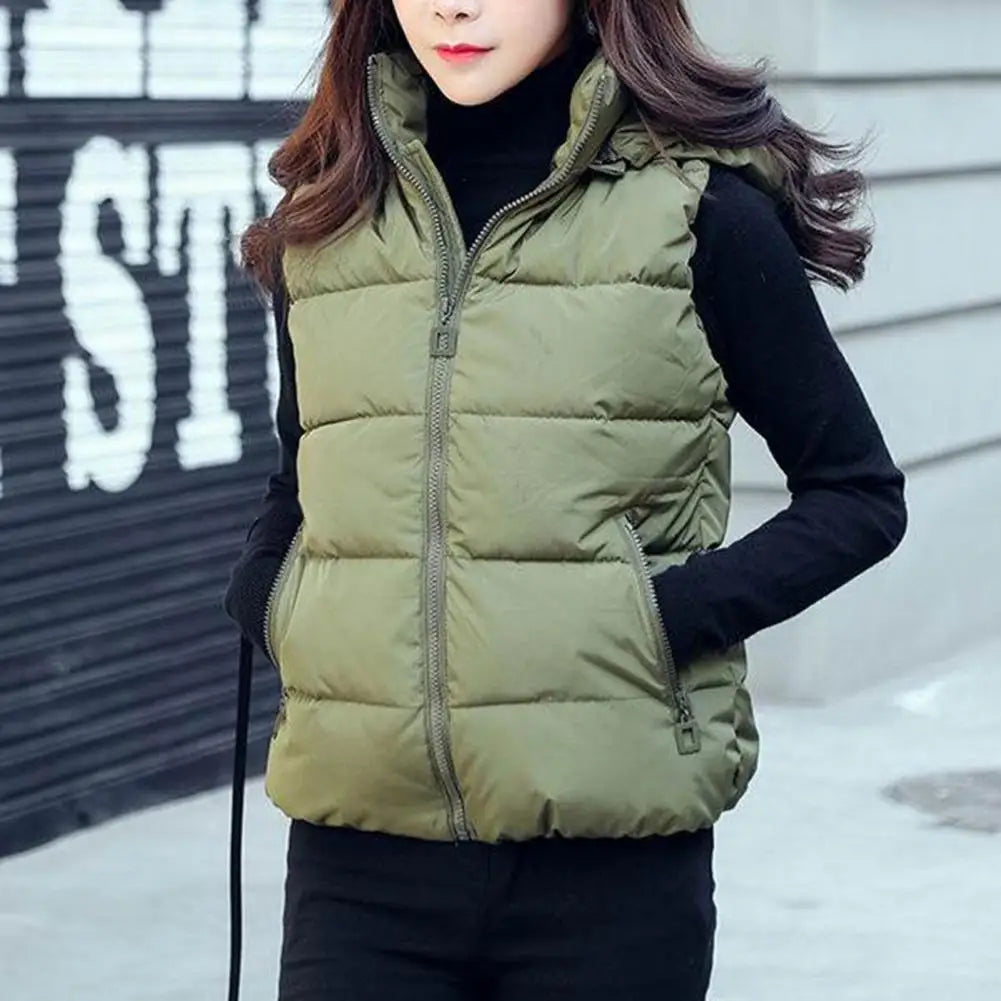 Sleeveless Stand Collar Slant Pockets Zipper Vest Overcoat Women