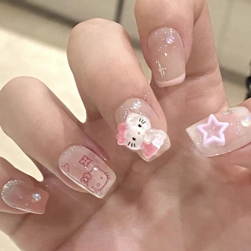 original Handmade pink hello kitty y2k press on nails boutique fake