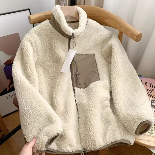 Fashion Lamb Plush Jacket Women's Autumn Winter New Pocket Zipper Long