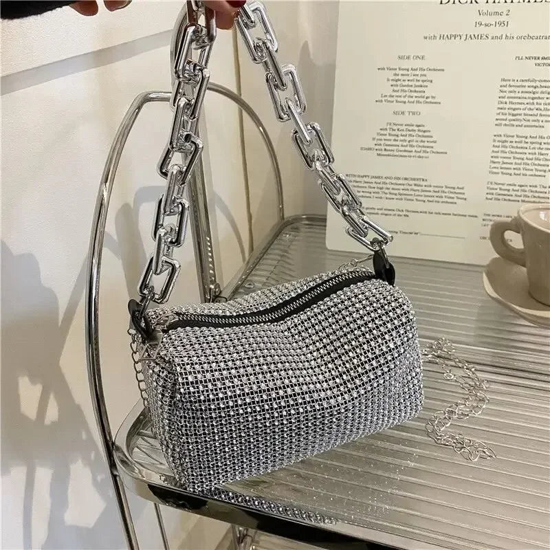 2024 Fashion Allover Rhinestone Bucket Bag Glitter Chain Prom Purse