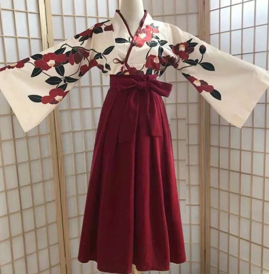 Kimono Sakura Girl Japanese Style Floral Print Vintage Dress Woman