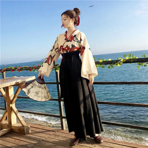 Kimono Sakura Girl Japanese Style Floral Print Vintage Dress Woman