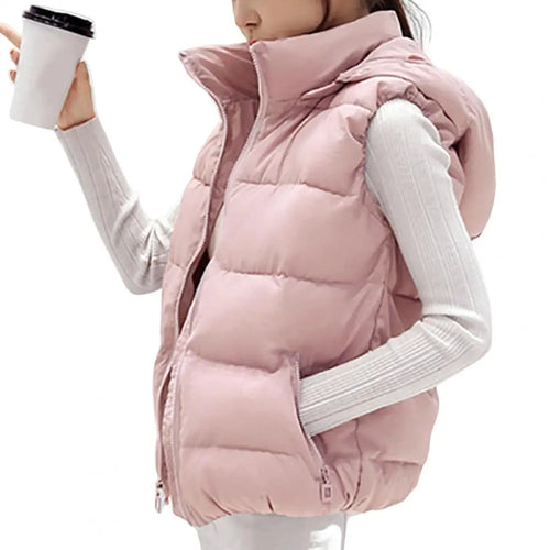 Sleeveless Stand Collar Slant Pockets Zipper Vest Overcoat Women