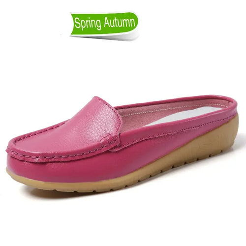 Summer Genuine Leather Women Flats Hollow Slip On Leather Loafers