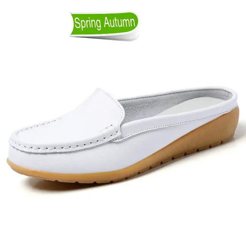 Summer Genuine Leather Women Flats Hollow Slip On Leather Loafers